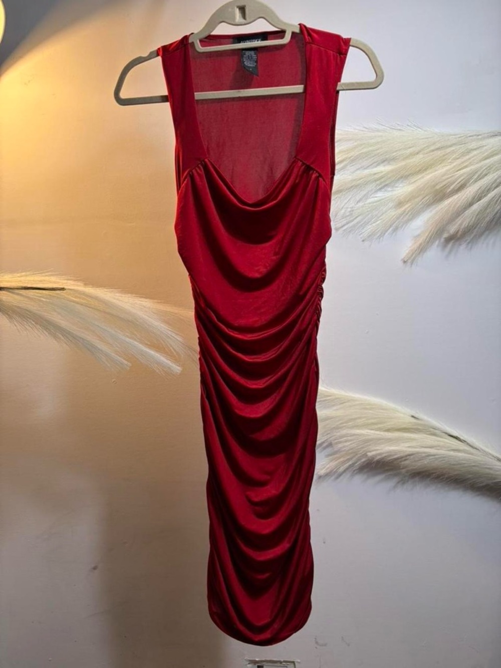 (#95)Alyn Paige Red Cowl Neck Ruched Midi Dress